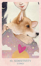 Illustration of a Corgi with a heart symbol and celestial elements on a pink background