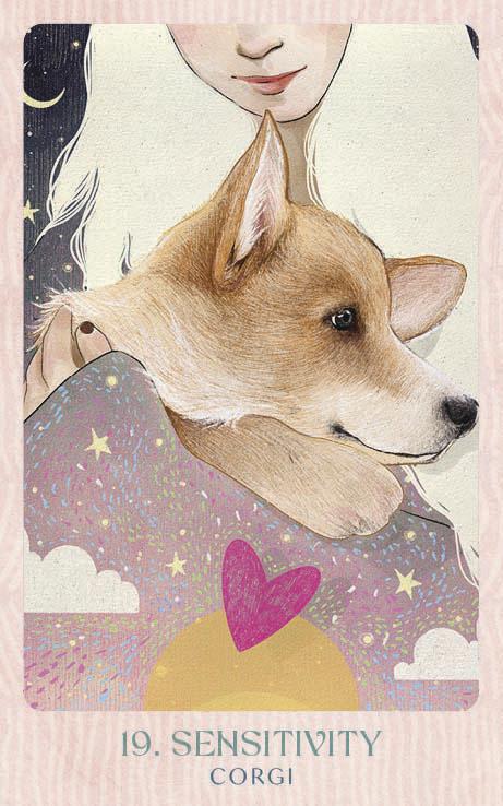 Illustration of a Corgi with a heart symbol and celestial elements on a pink background