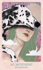 Illustration of a woman with a Dalmatian dog on her head against a colorful background