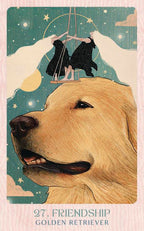 Illustration of a golden retriever with two people on its head, set against a starry sky.