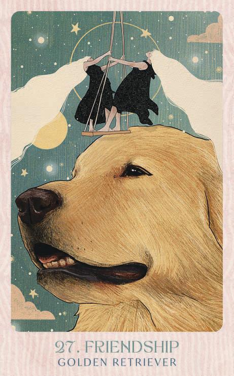 Illustration of a golden retriever with two people on its head, set against a starry sky.