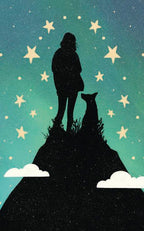 Silhouette of a person and a dog standing on a hill with stars in the sky