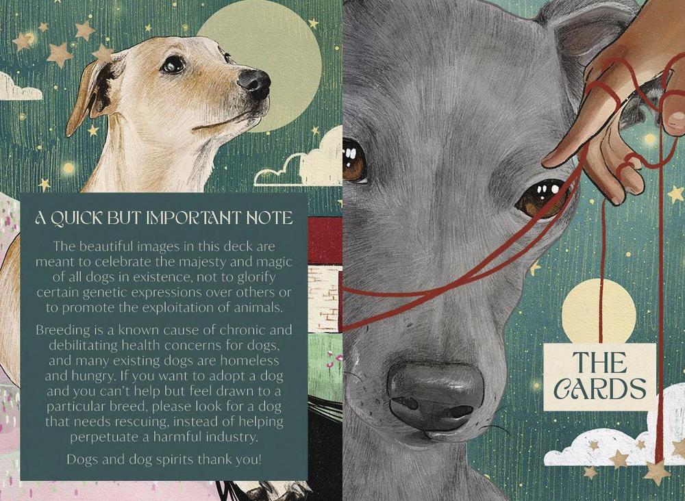 Collage of a dog illustration with text on a green background and a close-up of a deer's eye with a hand holding a string.