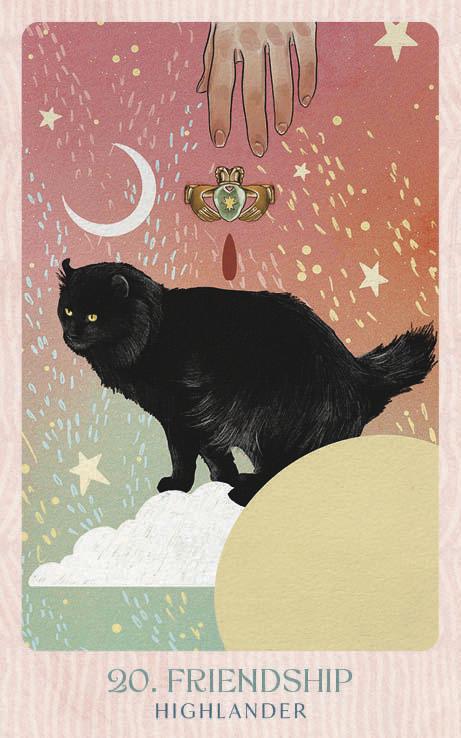 Card with a black cat, hand, and emblem on a colorful background