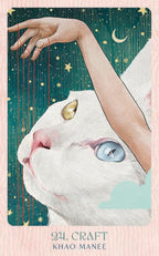 Illustration of a white cat with a hand reaching towards it against a starry night sky.