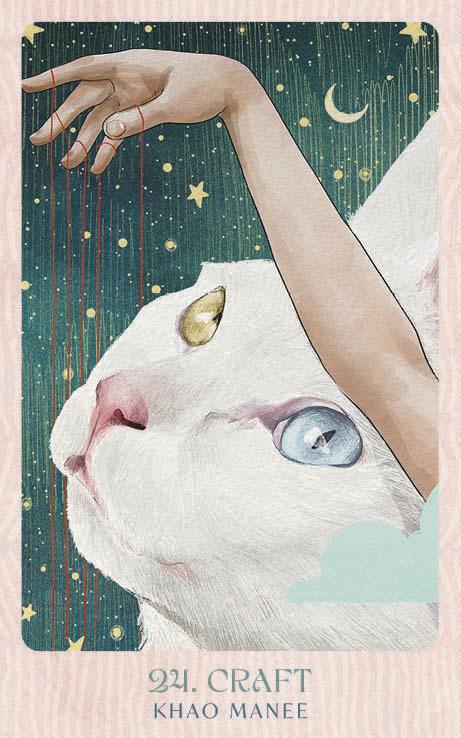 Illustration of a white cat with a hand reaching towards it against a starry night sky.