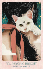 Illustration of a white cat with a woman's face, titled 'Psychic Insight Russian White'.