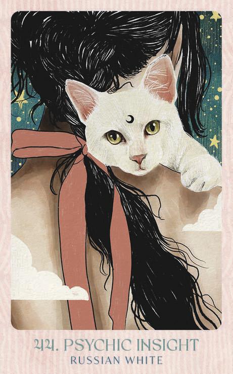 Illustration of a white cat with a woman's face, titled 'Psychic Insight Russian White'.