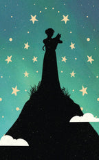 Silhouette of a person on a mountain with stars in the sky