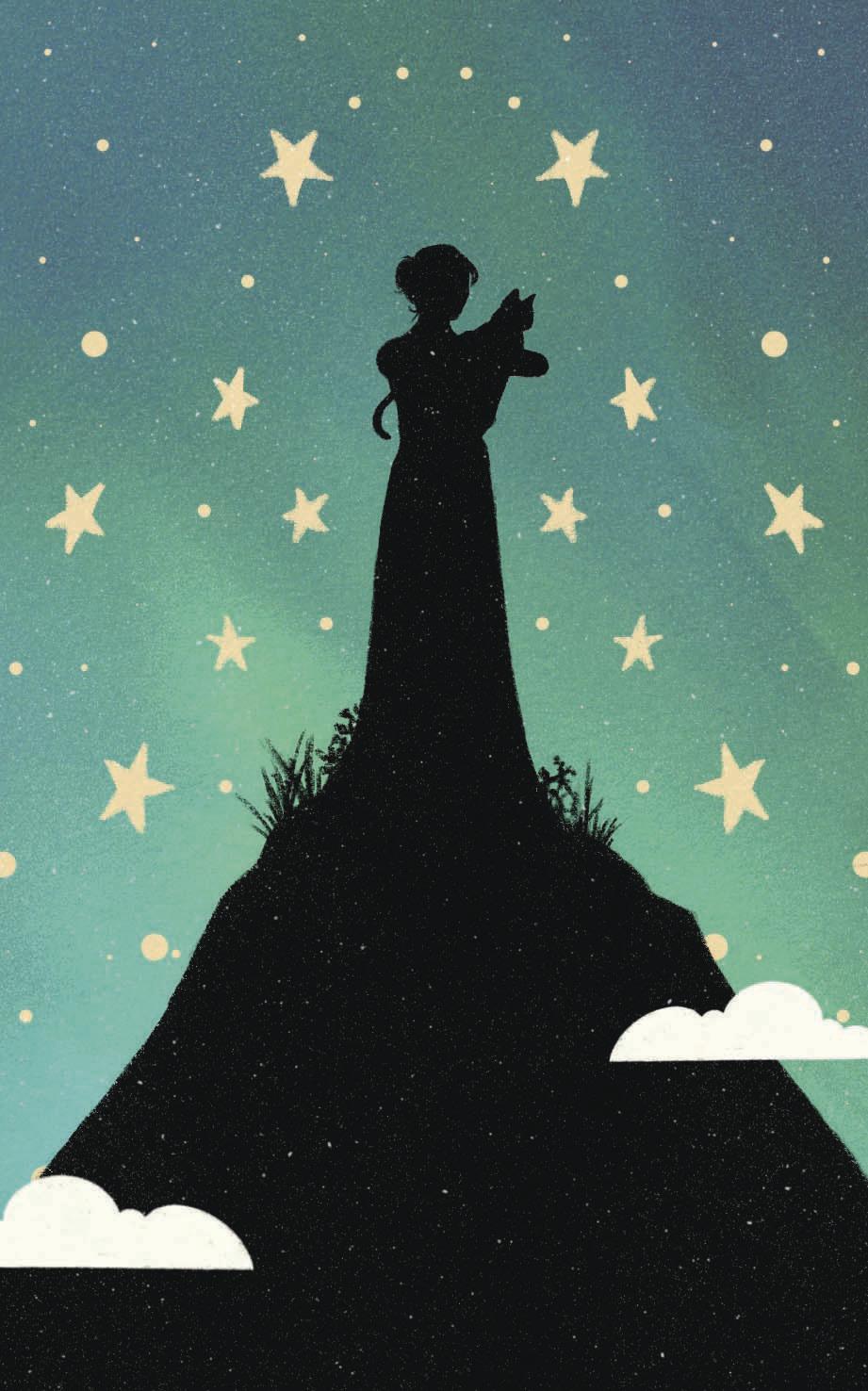 Silhouette of a person on a mountain with stars in the sky
