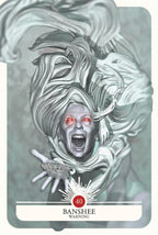 Card featuring a banshee with red eyes and a warning label, on a gray background.