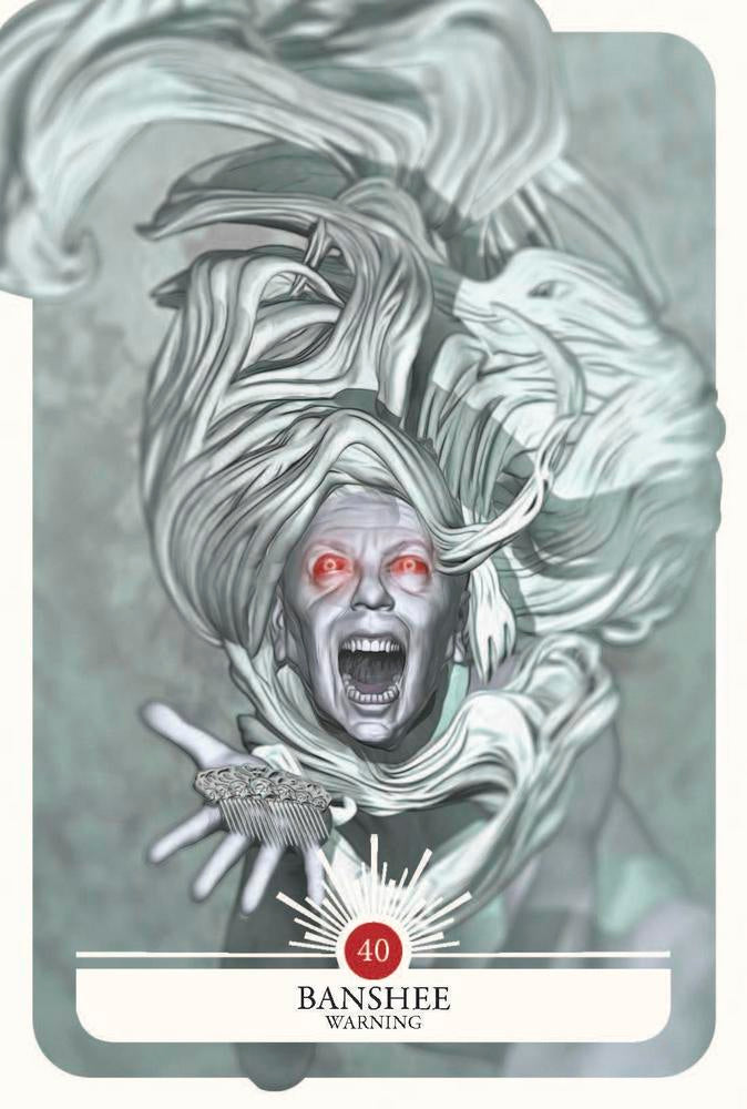 Card featuring a banshee with red eyes and a warning label, on a gray background.