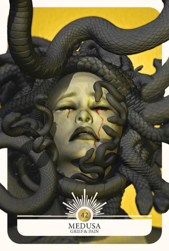 Medusa tarot card with a yellow background