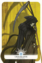 Grim Reaper card from a tarot deck with a yellow background