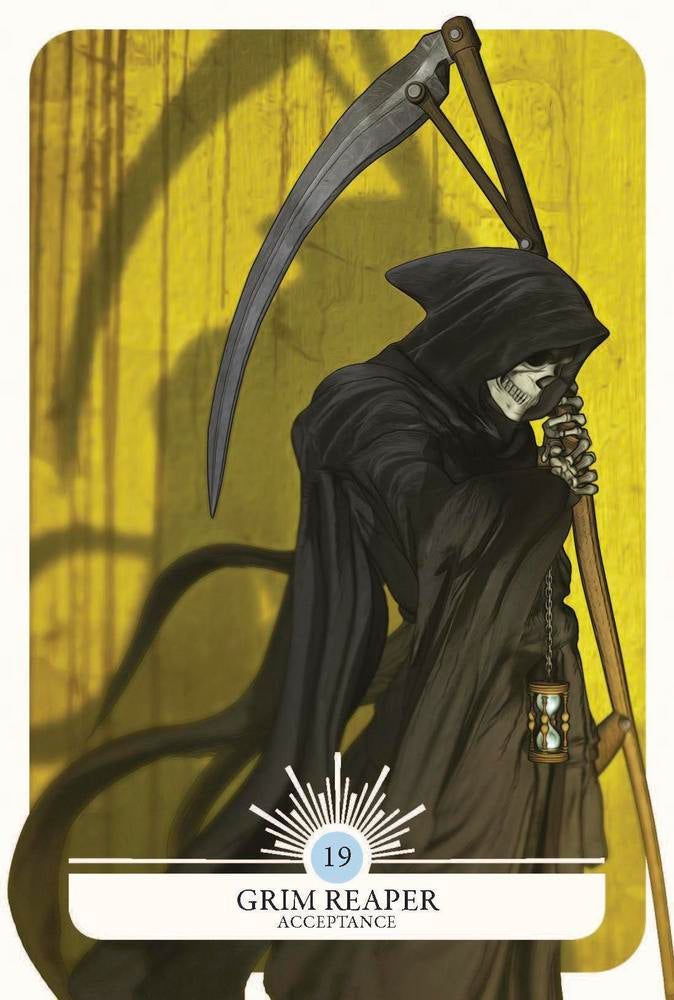 Grim Reaper card from a tarot deck with a yellow background