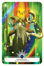 Card featuring a character with ram horns and a sword against a colorful background, labeled 'Heimdall'.
