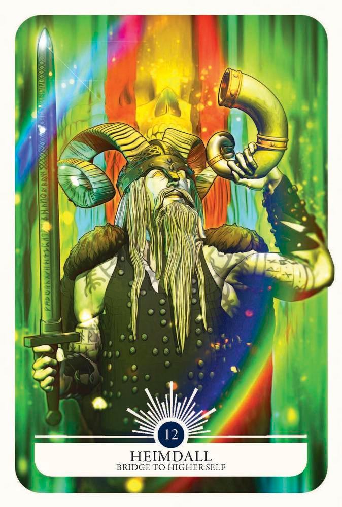 Card featuring a character with ram horns and a sword against a colorful background, labeled 'Heimdall'.