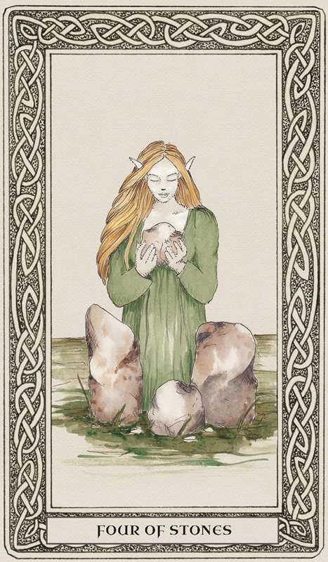 Card from a tarot deck featuring a fairy holding stones with decorative border and text.
