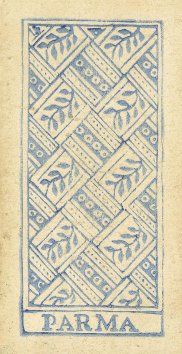 Decorative card with geometric pattern and 'Parma' text on a beige background