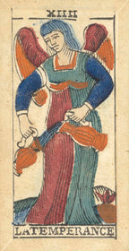 Card from a tarot deck featuring a figure labeled 'Latemperance' with Roman numerals XIII above.