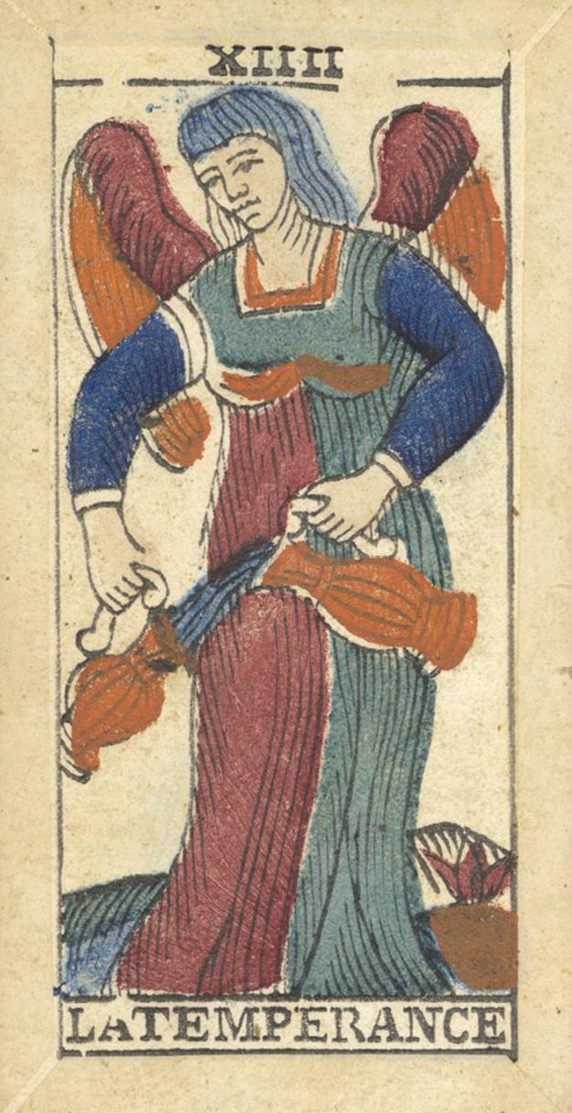 Card from a tarot deck featuring a figure labeled 'Latemperance' with Roman numerals XIII above.