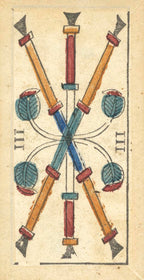 Card with crossed swords and leaves from a deck of cards, likely from a historical or fantasy context.