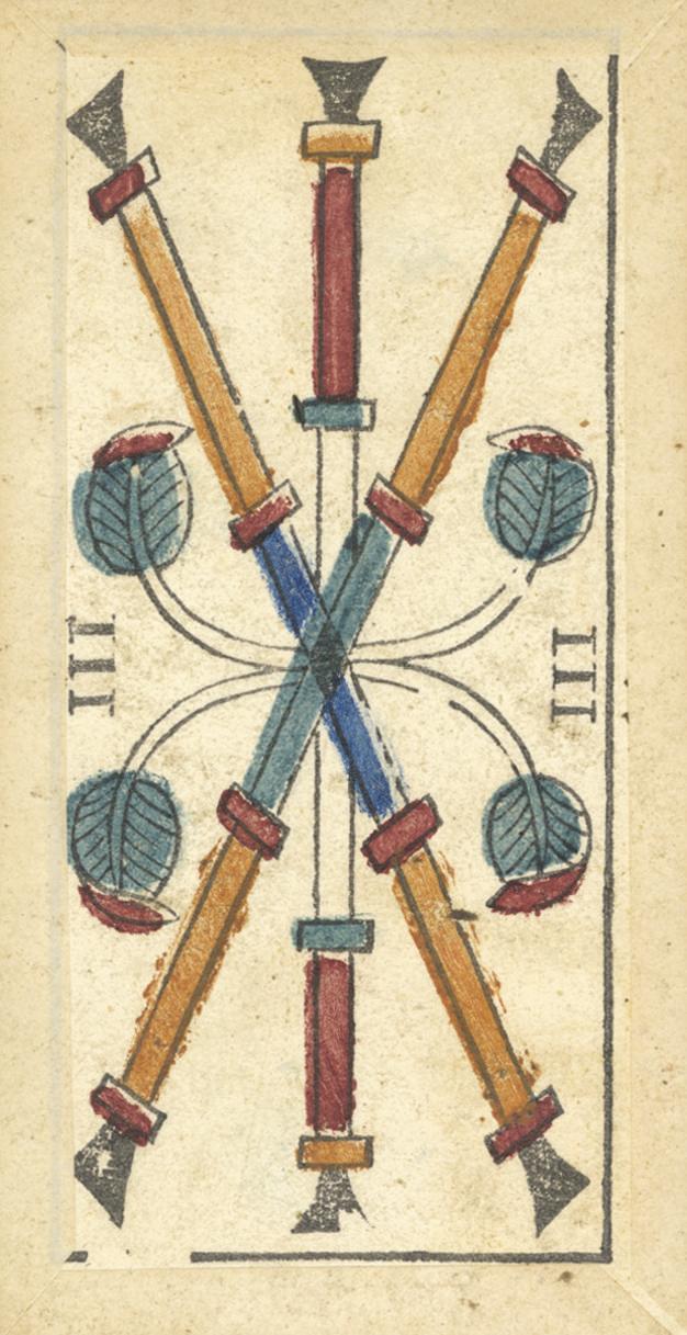 Card with crossed swords and leaves from a deck of cards, likely from a historical or fantasy context.