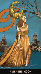 Tarot card featuring a woman with a gold headdress and flowing dress against a fantasy landscape.