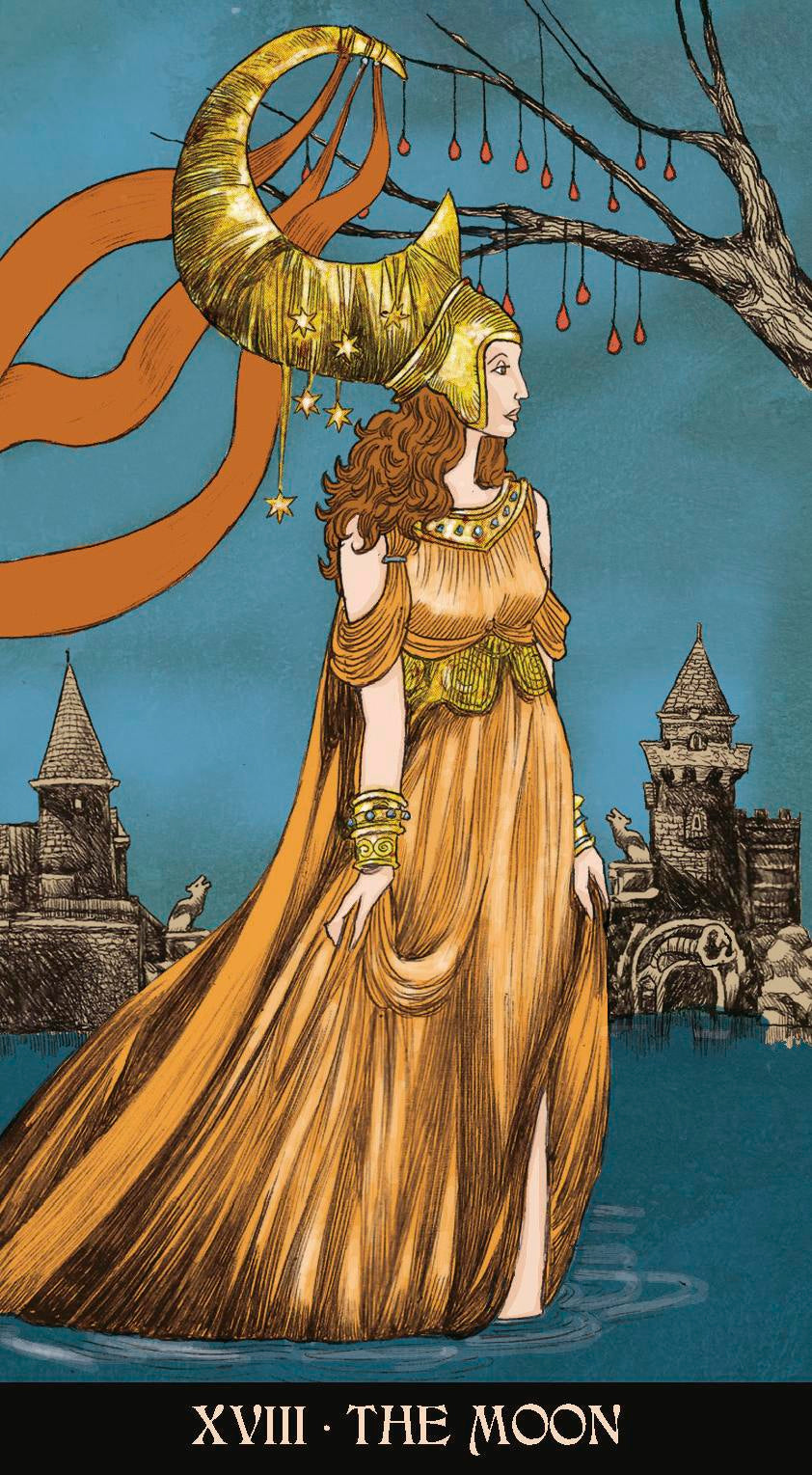 Tarot card featuring a woman with a gold headdress and flowing dress against a fantasy landscape.