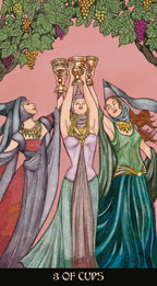Illustration of three women holding cups under a tree with fruit, labeled '3 of Cups'.