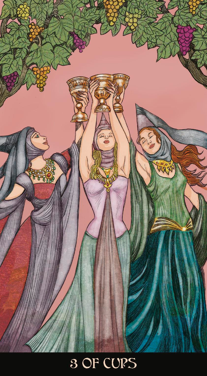 Illustration of three women holding cups under a tree with fruit, labeled '3 of Cups'.