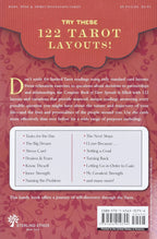 Back cover of a book titled '122 Tarot Layouts' with text and layout options.