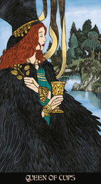 Card featuring a woman with red hair holding a gold cup, set against a scenic background.