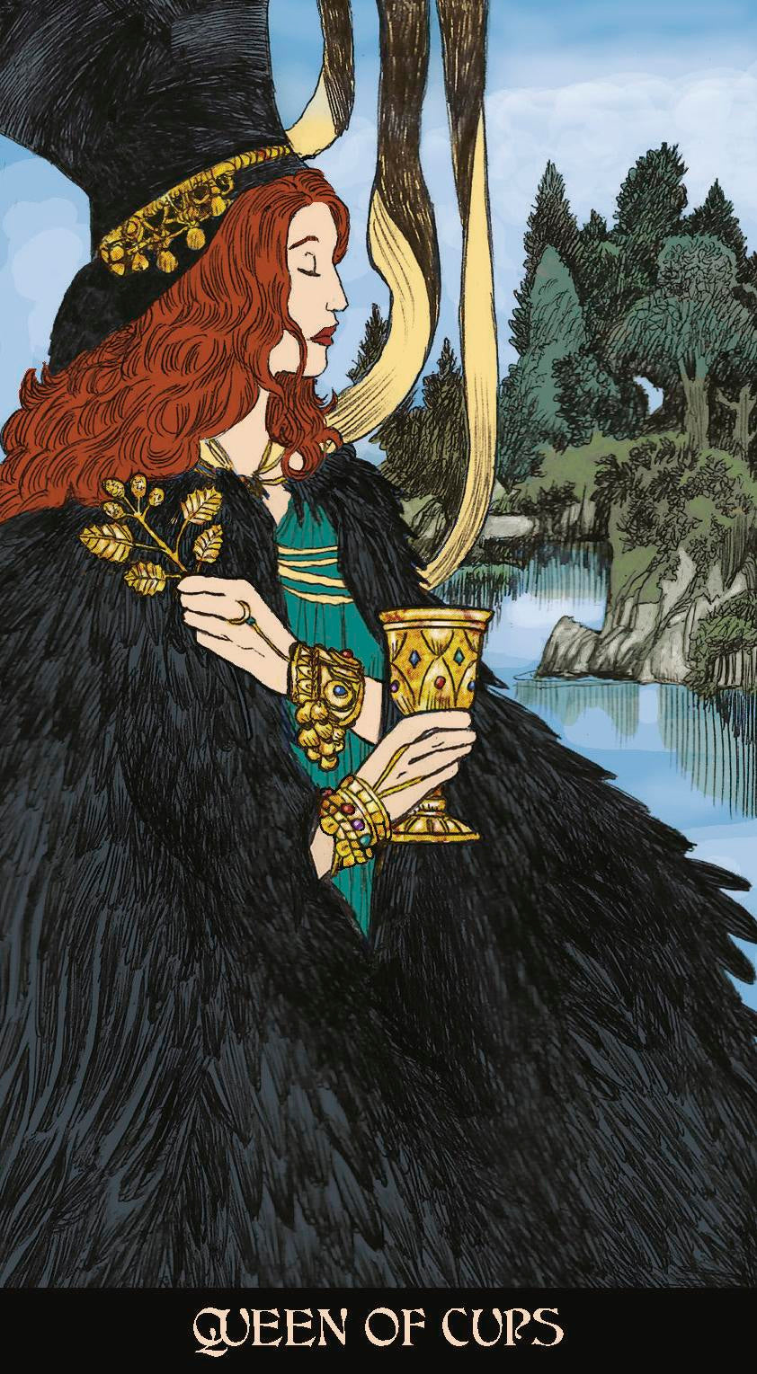 Card featuring a woman with red hair holding a gold cup, set against a scenic background.
