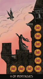 Tarot card featuring a silhouette of a figure on a rooftop with pentacle symbols and a bird flying in the sky.