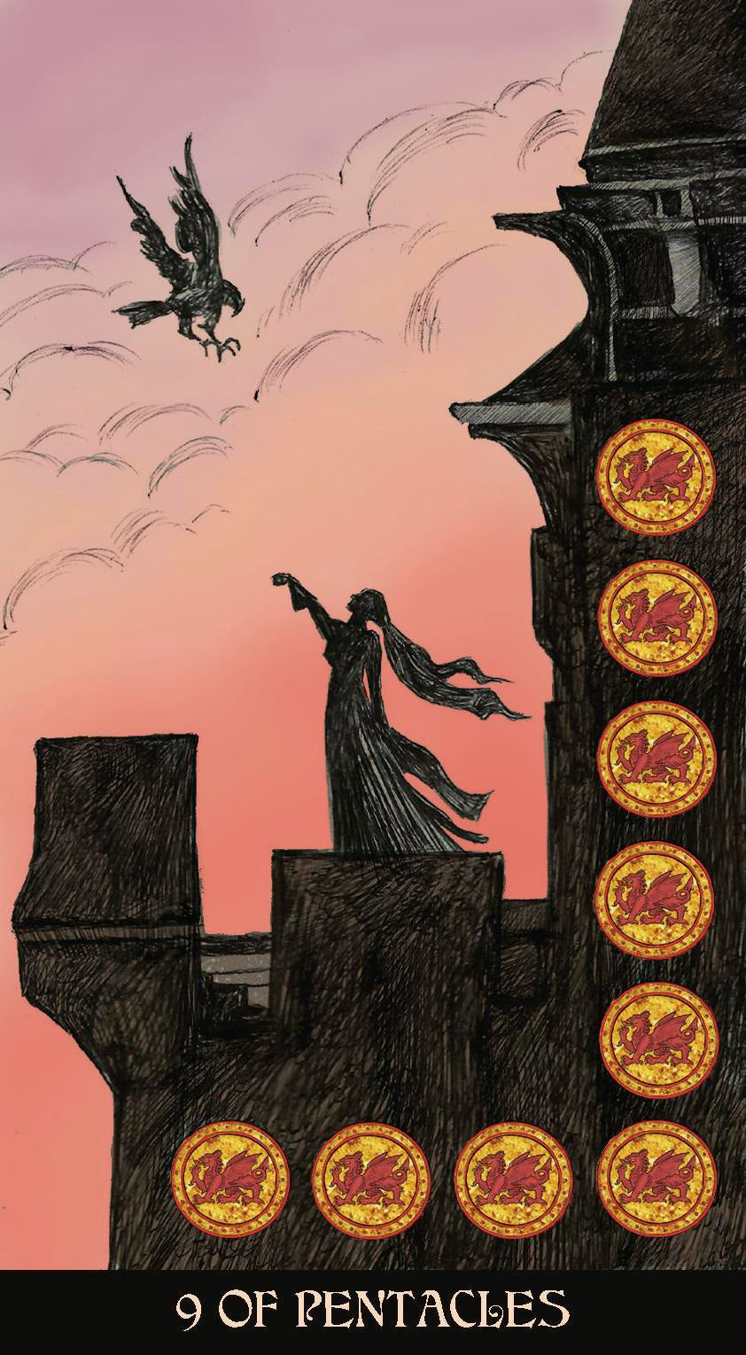 Tarot card featuring a silhouette of a figure on a rooftop with pentacle symbols and a bird flying in the sky.