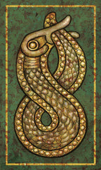 Decorative illustration of a stylized snake on a textured green background