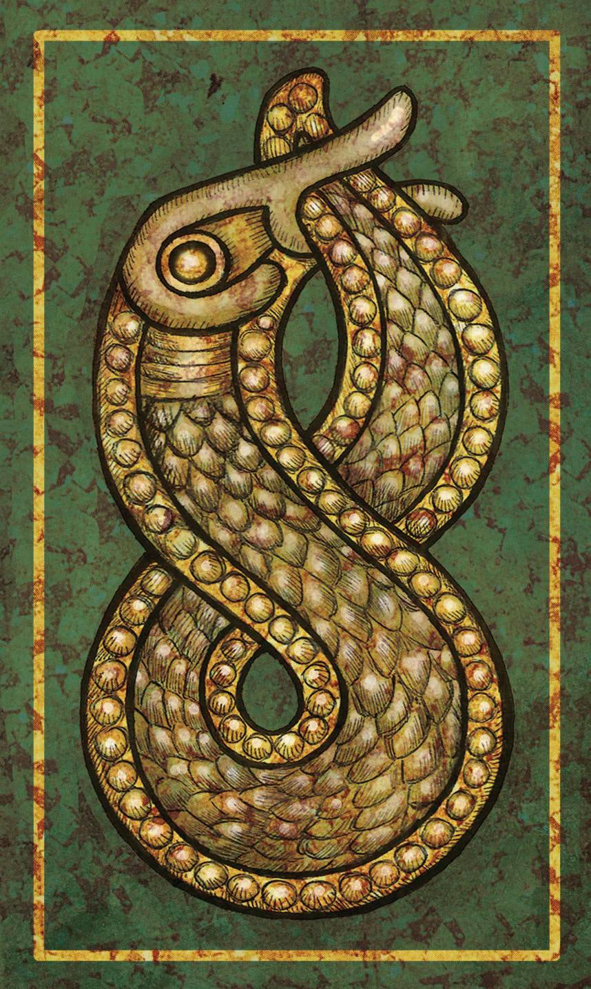 Decorative illustration of a stylized snake on a textured green background