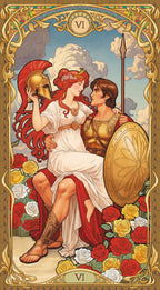 Decorative tarot card with two figures, a helmet, and shield, surrounded by flowers.