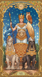 Tarot card with a central figure holding an owl, flanked by two sphinxes and a lioness, against a starry sky.