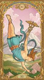 Tarot card with a person in a blue dress hanging from a rod, set against a scenic background.