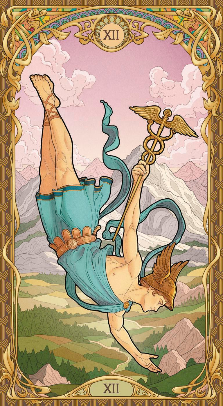 Tarot card with a person in a blue dress hanging from a rod, set against a scenic background.