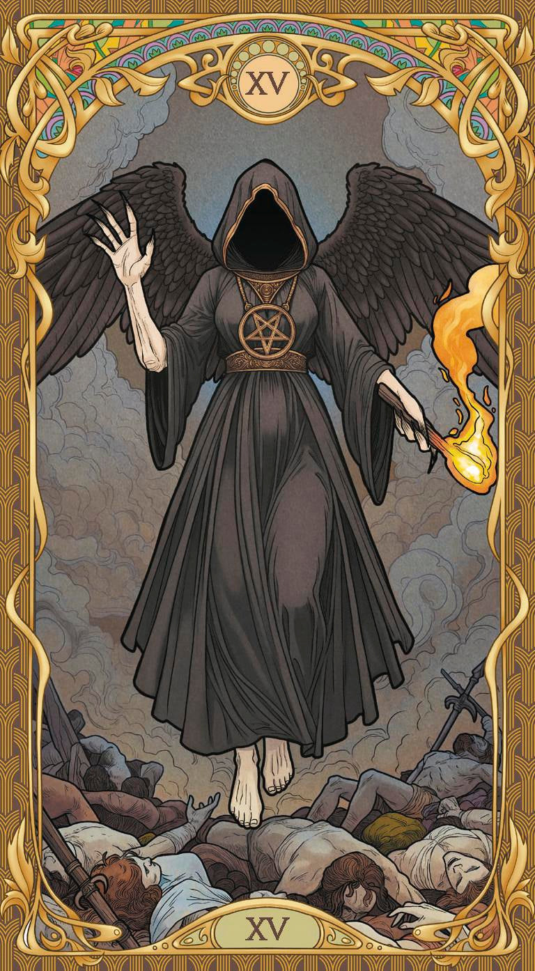 Tarot card featuring a dark figure with wings and a pentagram symbol, surrounded by gold border and text.