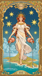 Artistic depiction of a tarot card with a central figure holding two scales, surrounded by stars and clouds.