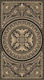 Decorative playing card with intricate gold patterns on a black background