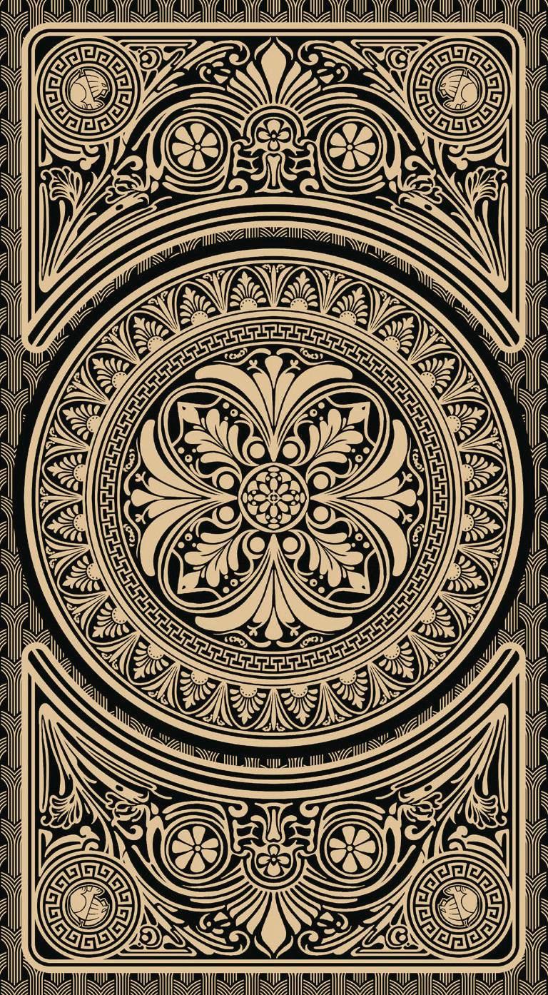 Decorative playing card with intricate gold patterns on a black background