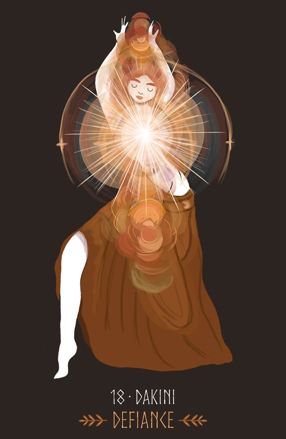 Illustration of a woman with a radiant light, labeled 'Dakini Defiance', on a dark background.