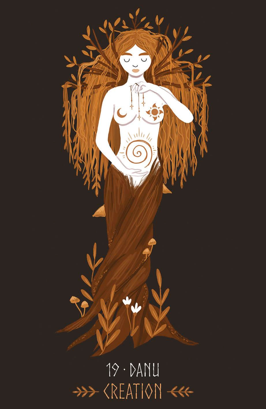Illustration of a woman with tree-like features on a dark background, featuring the brand '19 Danu Creation'.