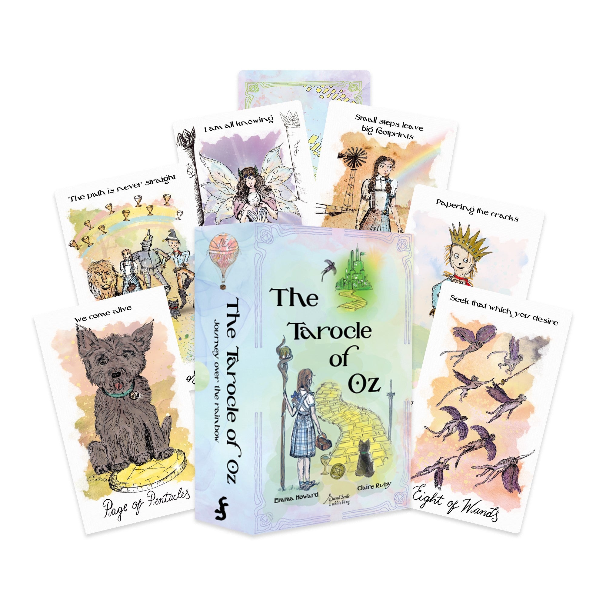 Collection of Tarot cards from 'The Tarot of Oz' with various illustrations on a white background.
