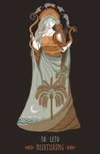 Artistic depiction of a goddess with a lyre on a dark background